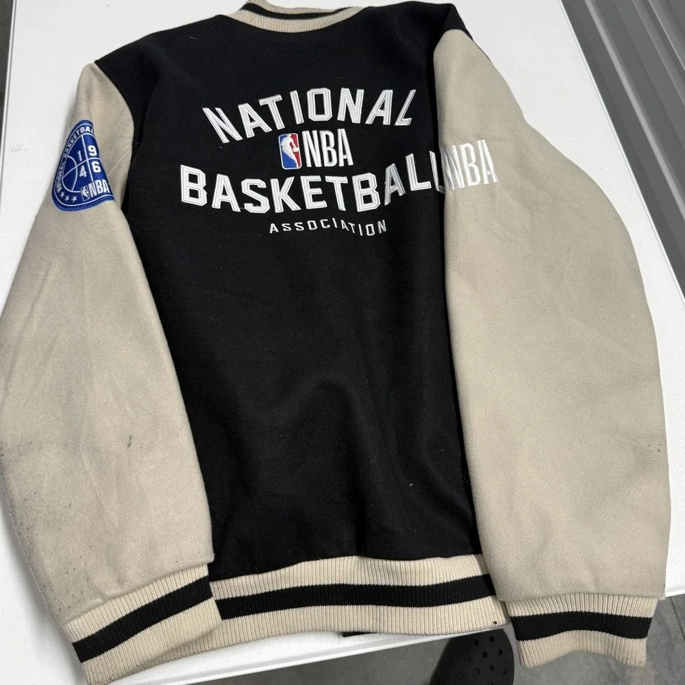 NBA Varsity Jacket Mens Large Black Good Letterman Snap Front Patch